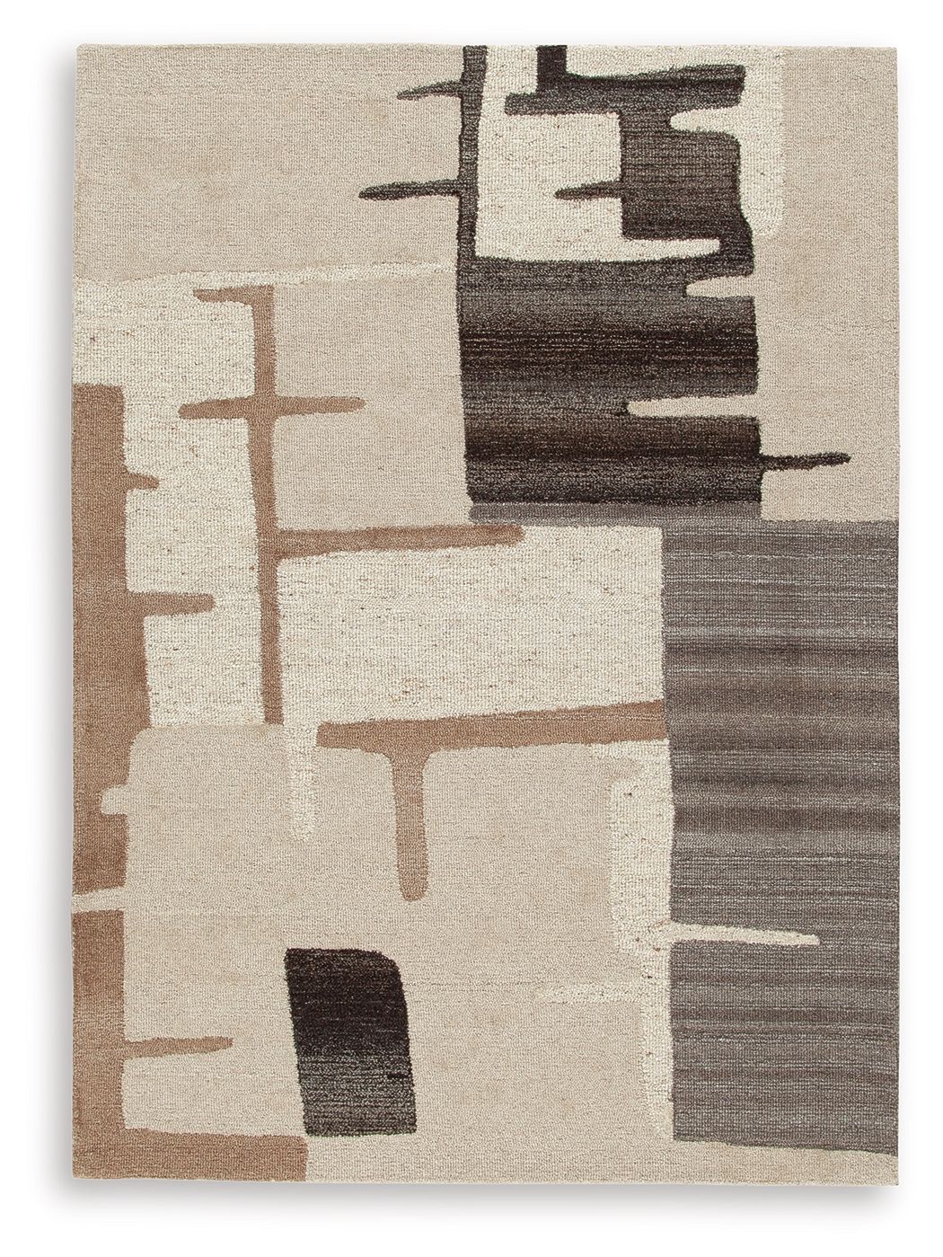 Abstract area rug with cream background and layered dark brown/gray geometric blocks