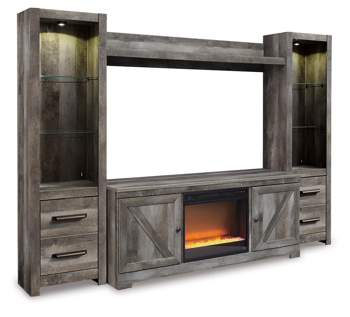 Gray entertainment center with TV opening and faux fireplace insert glowing orange