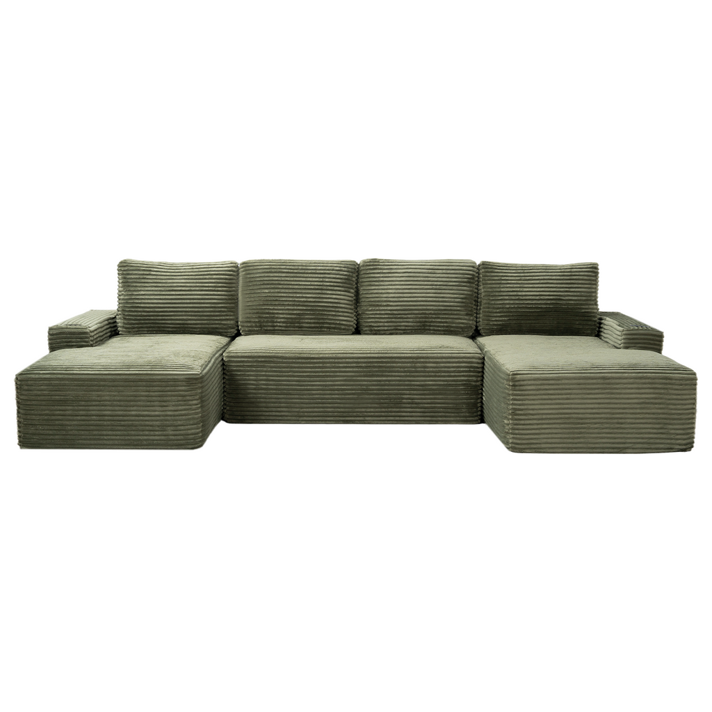 Green corduroy sectional sofa with U-shape and ottoman-style chaise seats