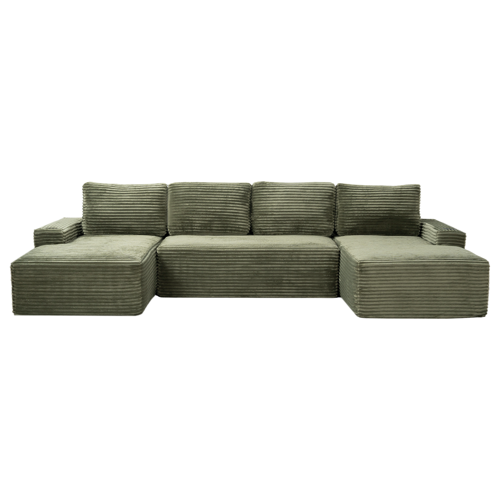 Green corduroy sectional sofa with U-shape and ottoman-style chaise seats