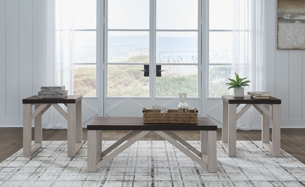 Occasional table set with dark brown tops and antique white frames, three tables