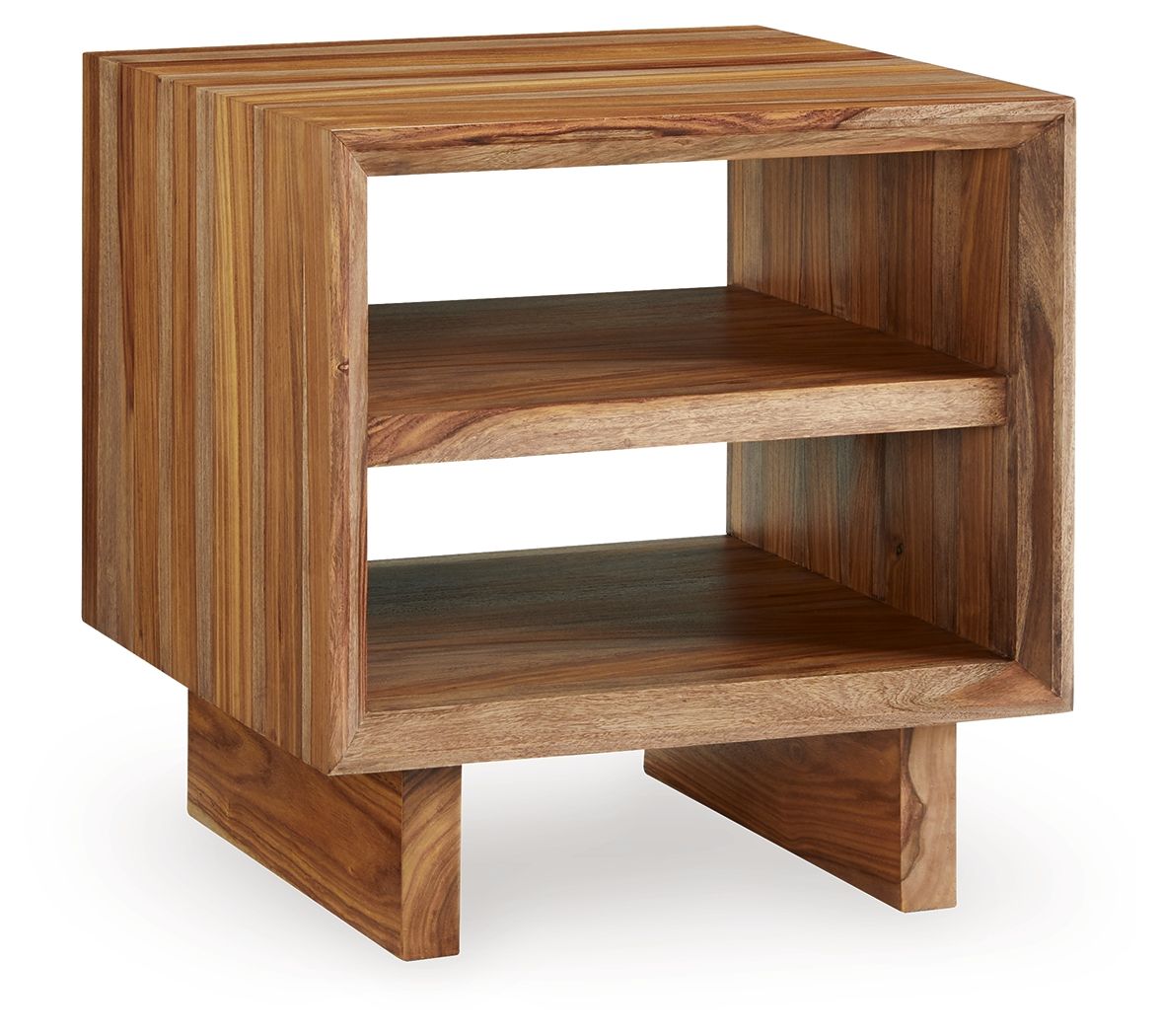 Square brown wooden end table with two open shelves and angled corner supports