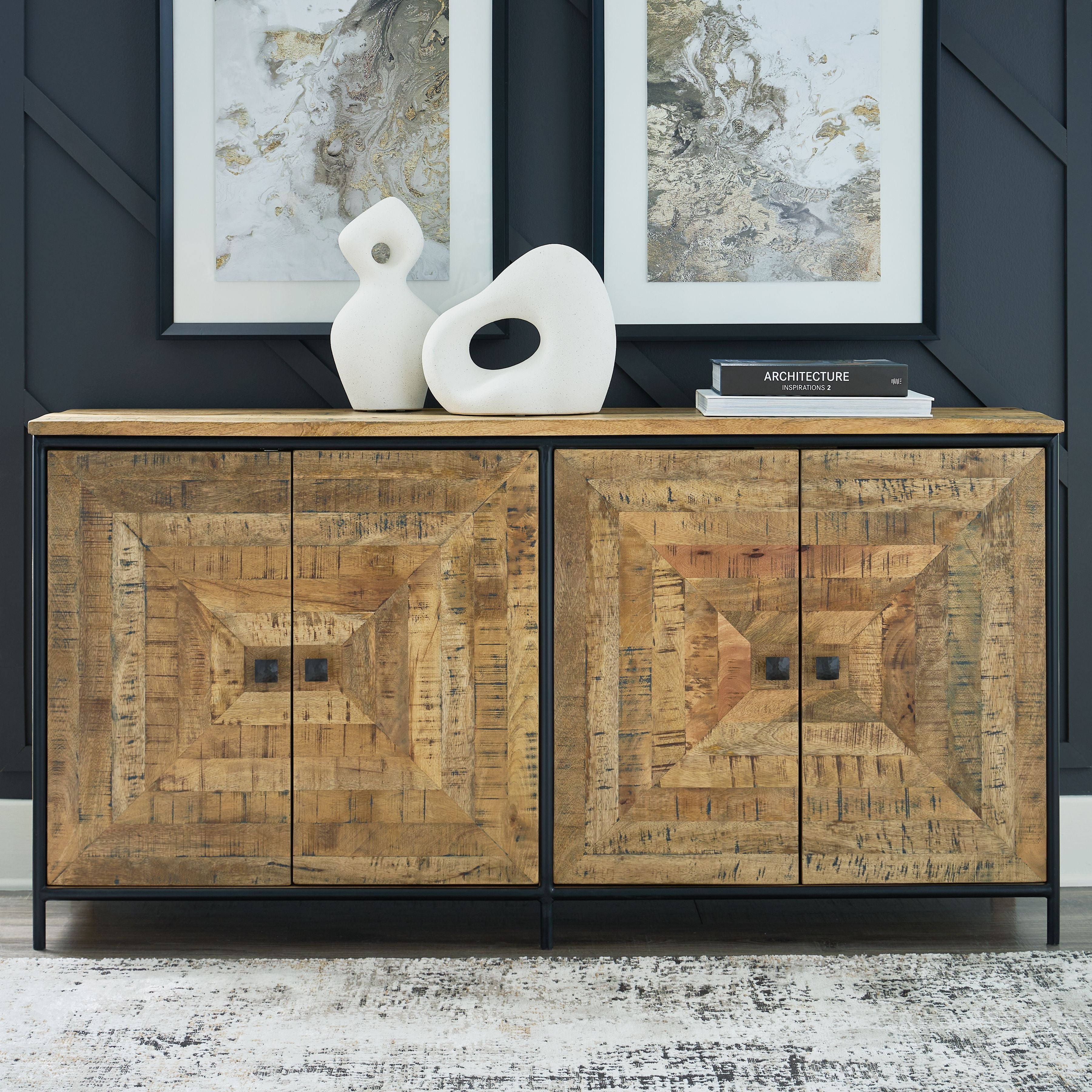 Accent cabinet with brown wood-look doors, black frame, and four metal feet