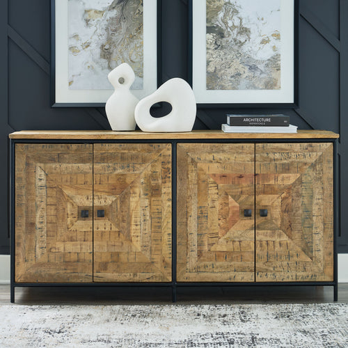 Accent cabinet with brown wood-look doors, black frame, and four metal feet