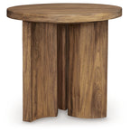 Warm brown round end table with rounded top and sturdy pedestal base
