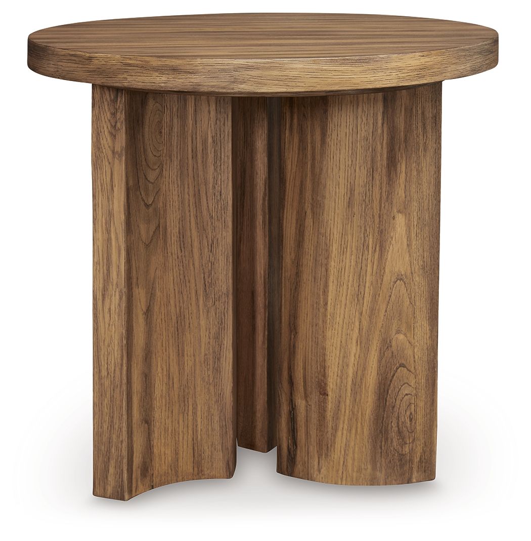 Warm brown round end table with rounded top and sturdy pedestal base