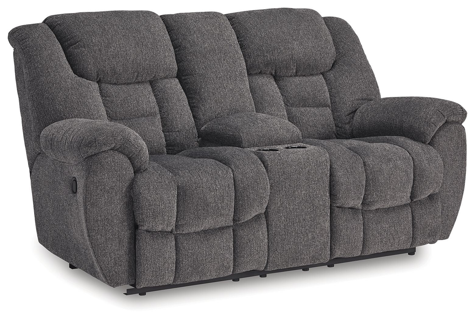 Charcoal reclining loveseat with console, padded arms and tufted seat cushions