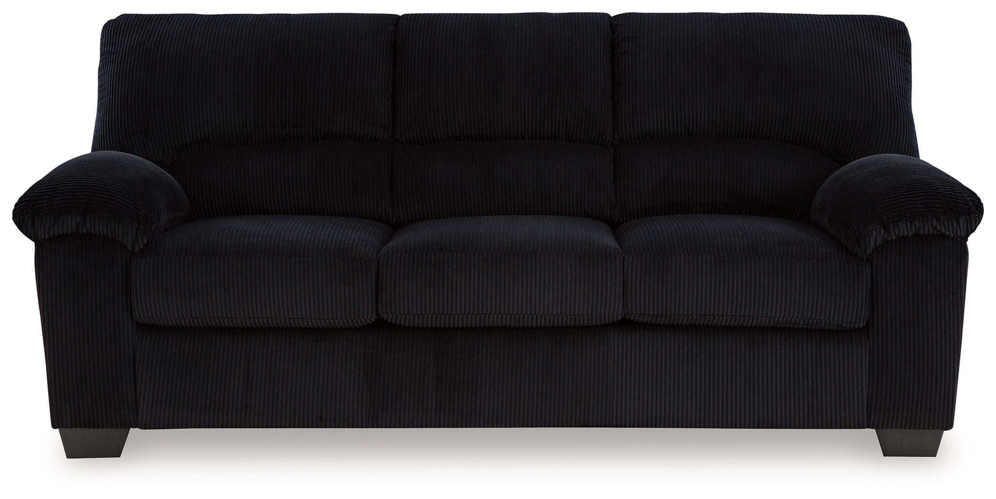 Black upholstered sofa with padded armrests, tufted back cushions, and square legs.