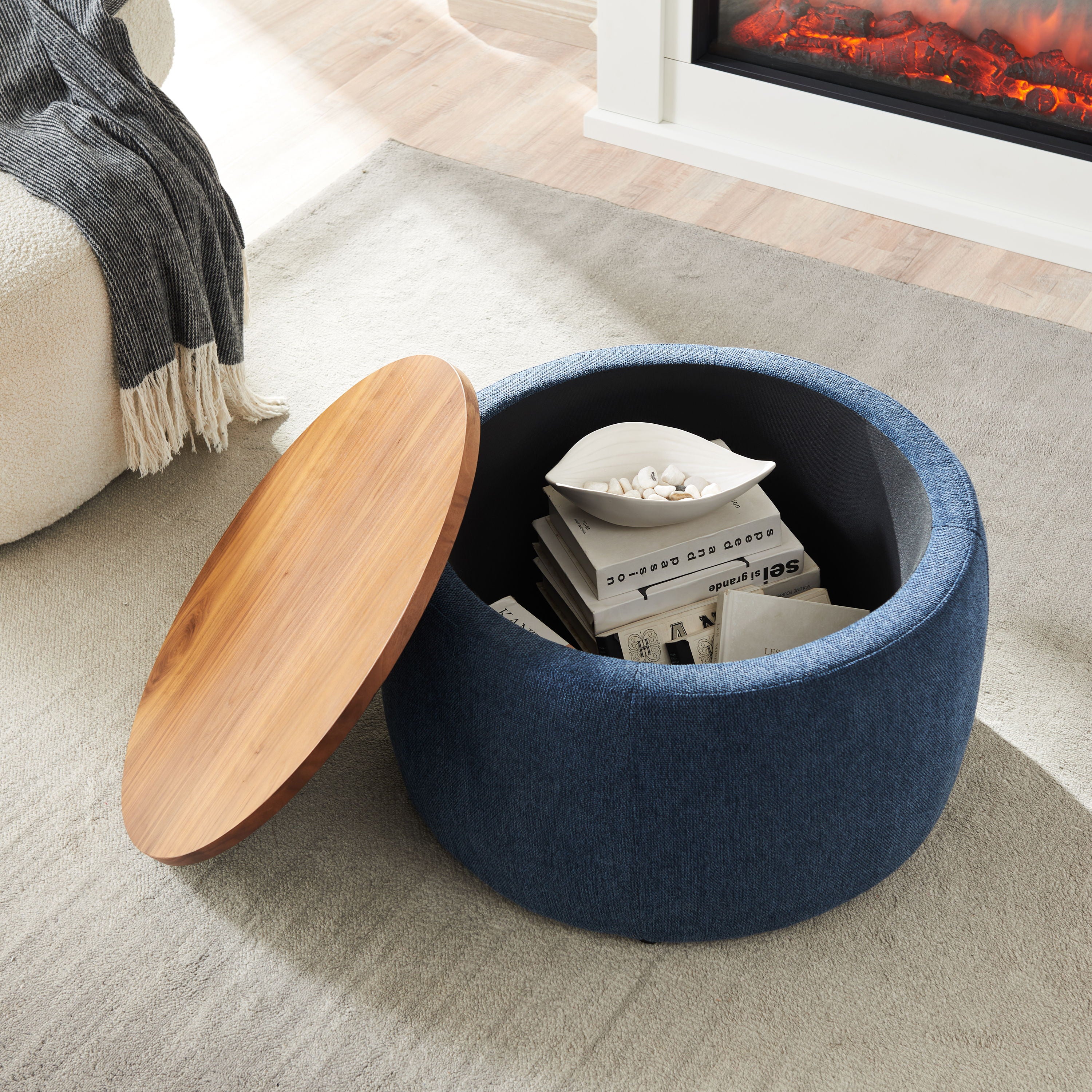Round Storage Ottoman, 2 Inch 1 Function, Work As End Table And Ottoman, Navy (25.5"X25.5"X14.5")
