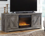 Gray TV stand with center glass fireplace insert and two side cabinet doors