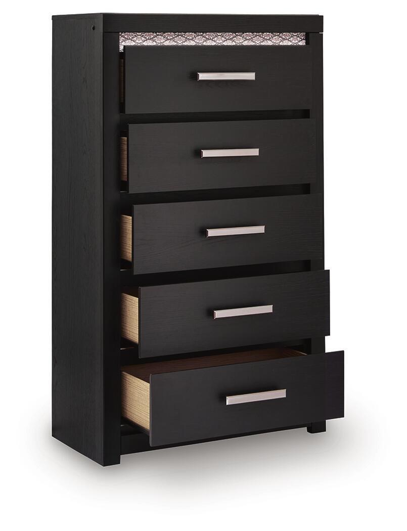 Black five-drawer chest shown at angle, with silver bar handles