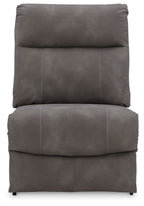 Slate gray armless recliner chair, shown from front with thick seat and back cushions