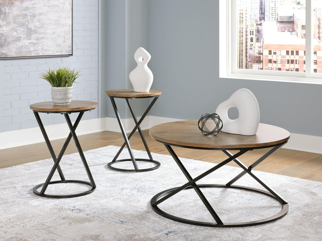 Set of 3 round side tables with wood tops and black metal frames