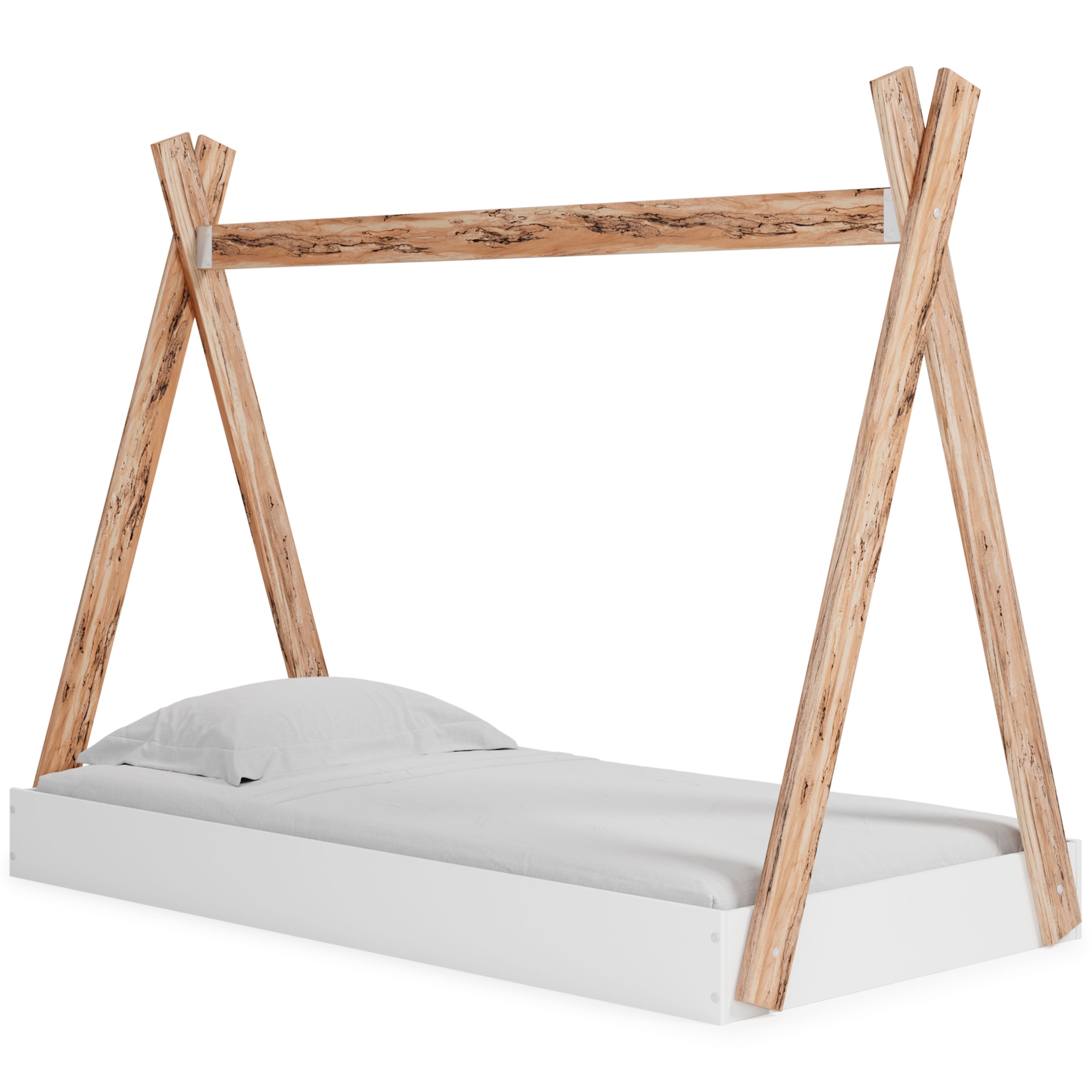 Wooden A-frame bed with white mattress and bedding