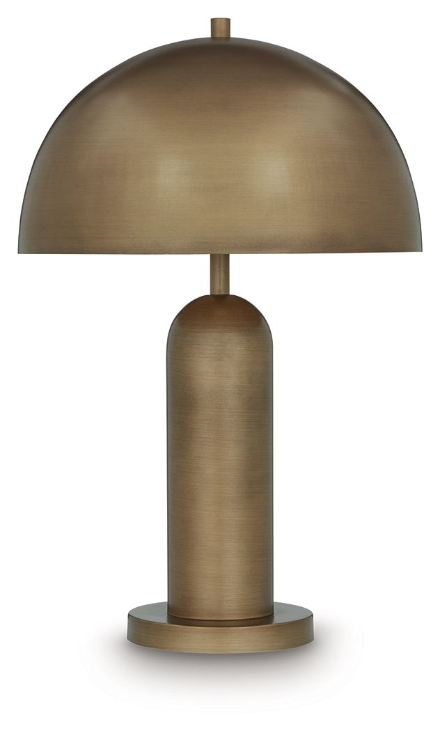 Metal table lamp with dome shade, bronze column, and round base