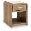 Light brown rectangular end table with drawer, open storage, and bar pull handle