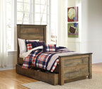Dark brown panel bed with paneled headboard and plaid bedding, angled view