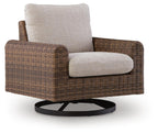 Gray and brown woven swivel lounge chair with padded seat and back cushion