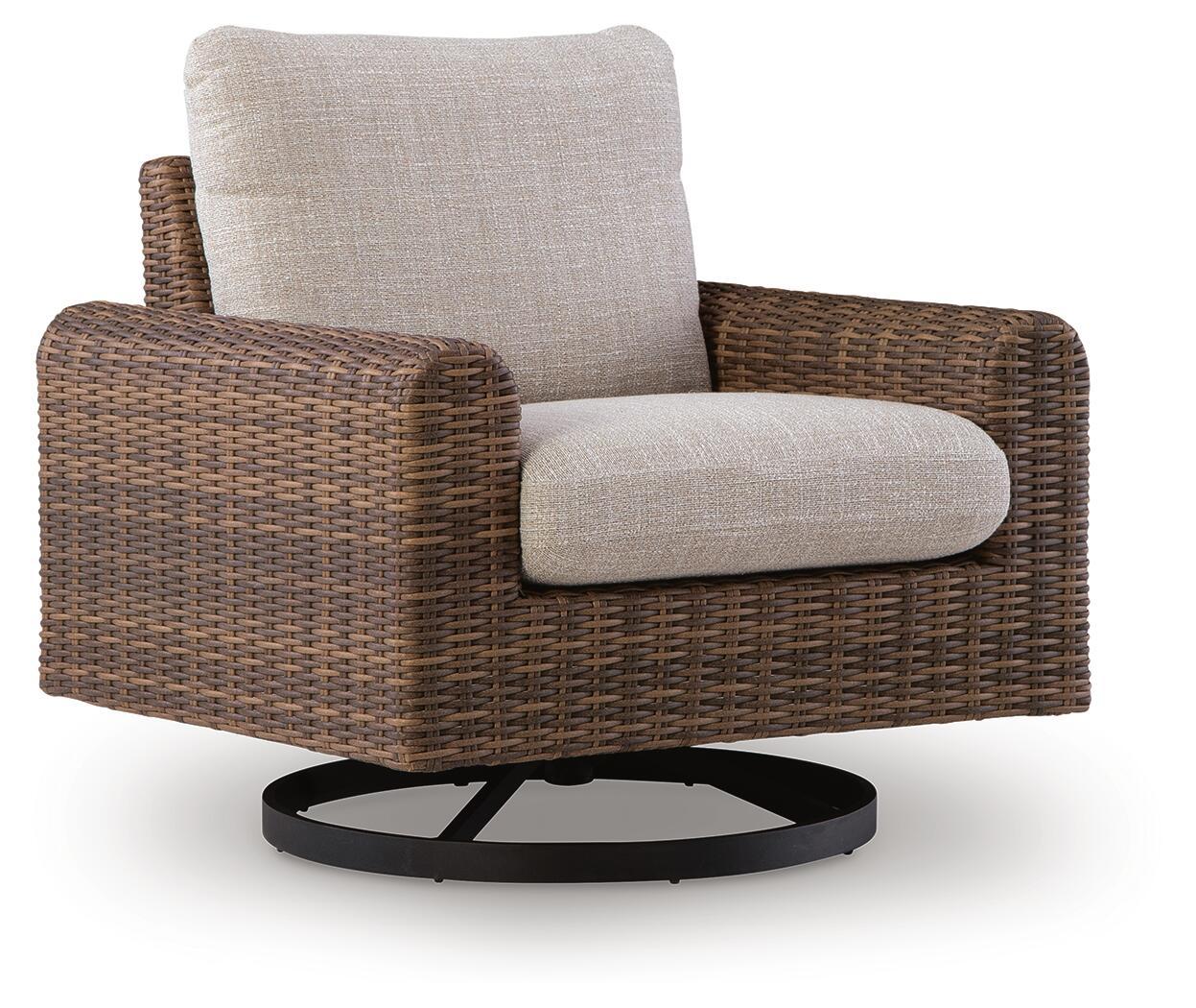 Gray and brown woven swivel lounge chair with padded seat and back cushion