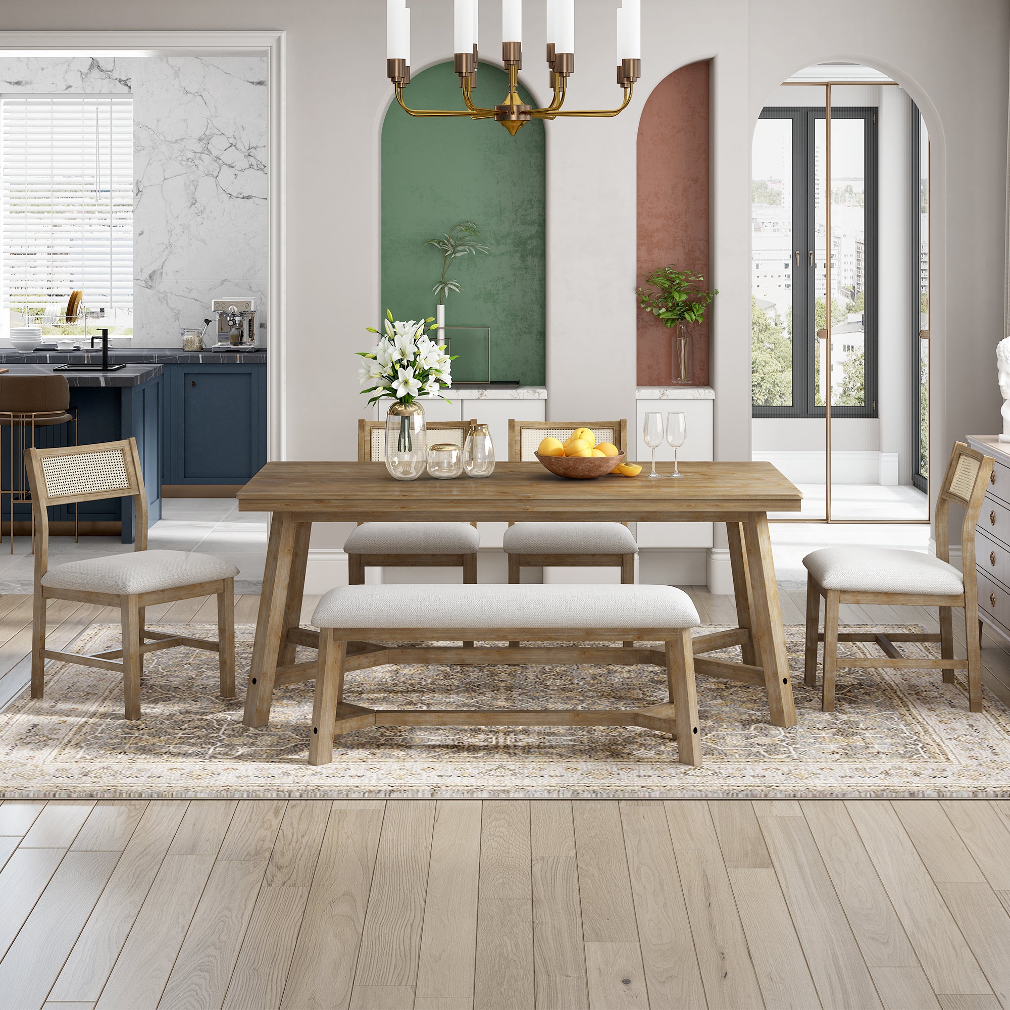 6-Piece Farmhouse Dining Set (Natural Wood)