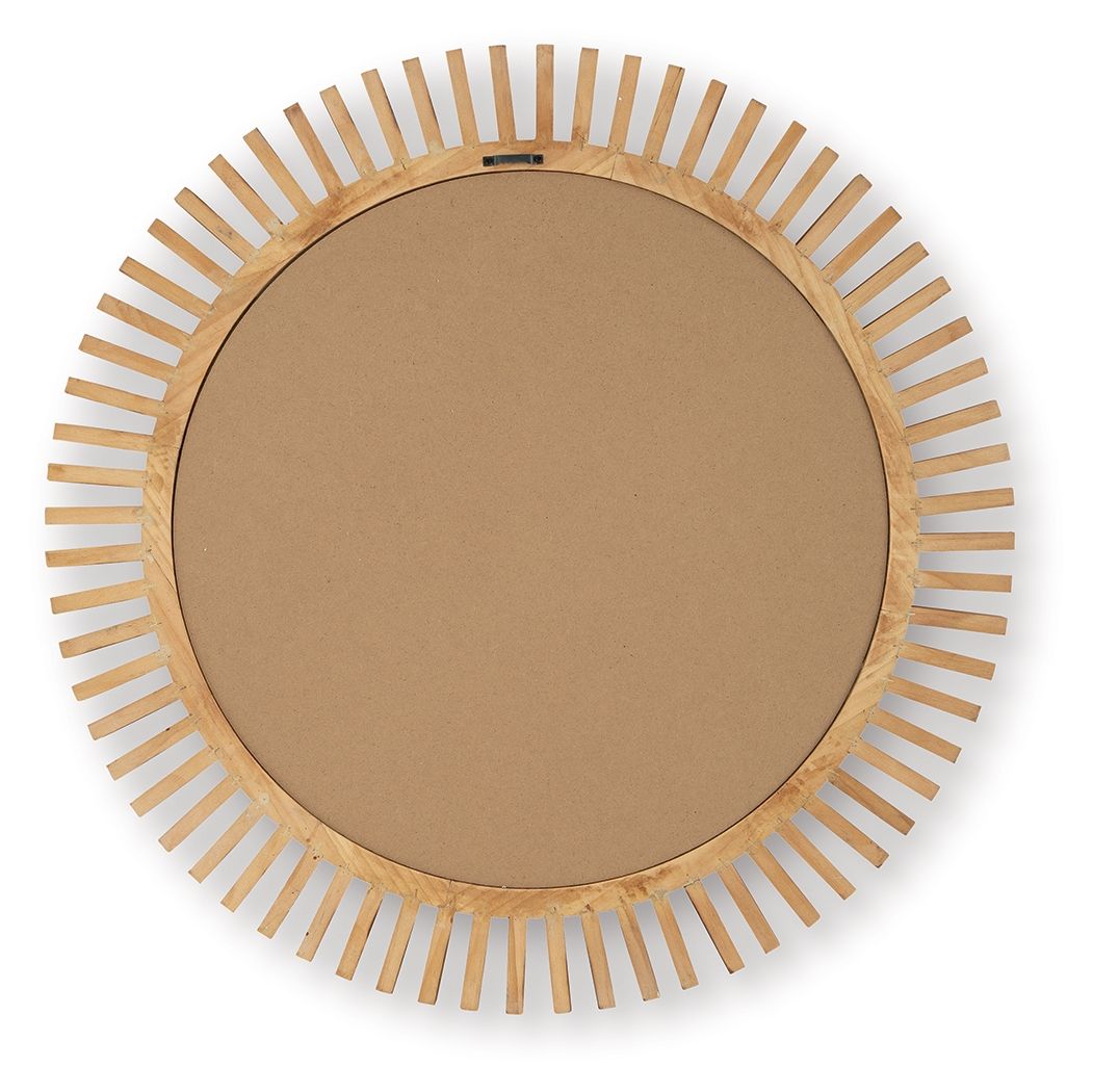 Accent mirror with round wood frame and radial slat border, brown backing