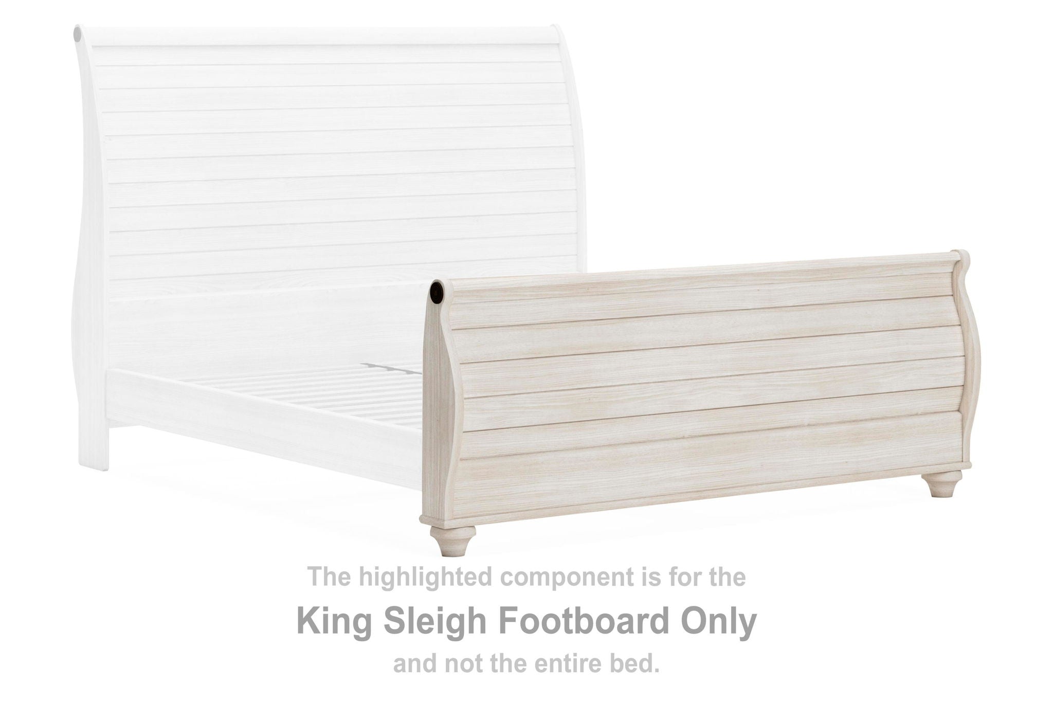 King sleigh footboard with faux plank design, whitewash wood finish
