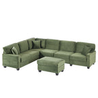 Green corduroy sectional sofa with movable ottoman and arm cushions