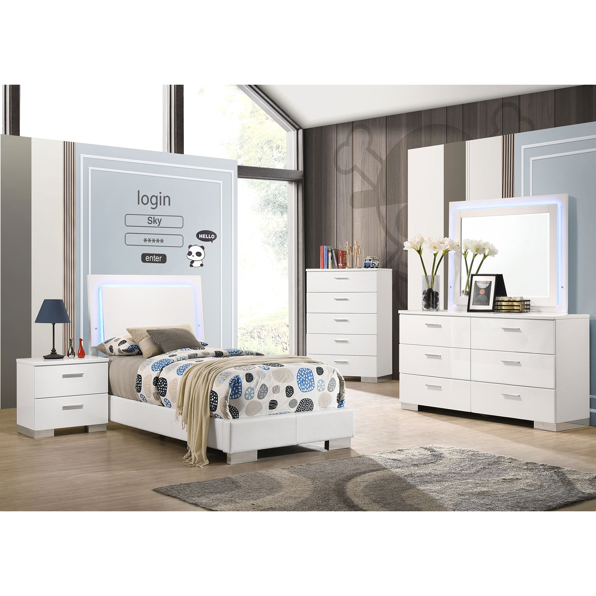 Dulcey White High Gloss 4-Pc Twin Bedroom Set - Modern Style