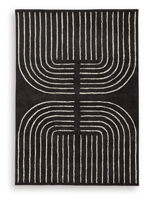 Eldonmore rug with black base and white concentric semicircle line design.