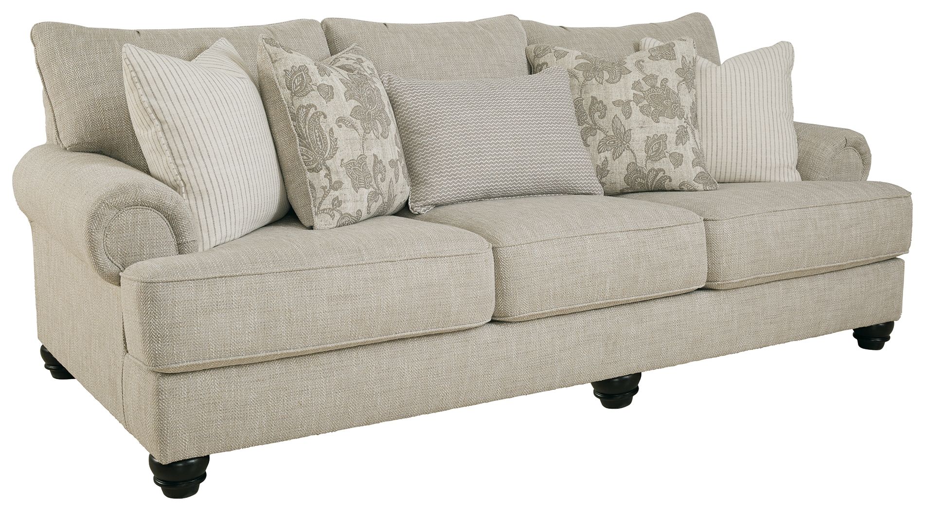 Fog sofa with rolled arms, three seat cushions, patterned pillows, dark legs