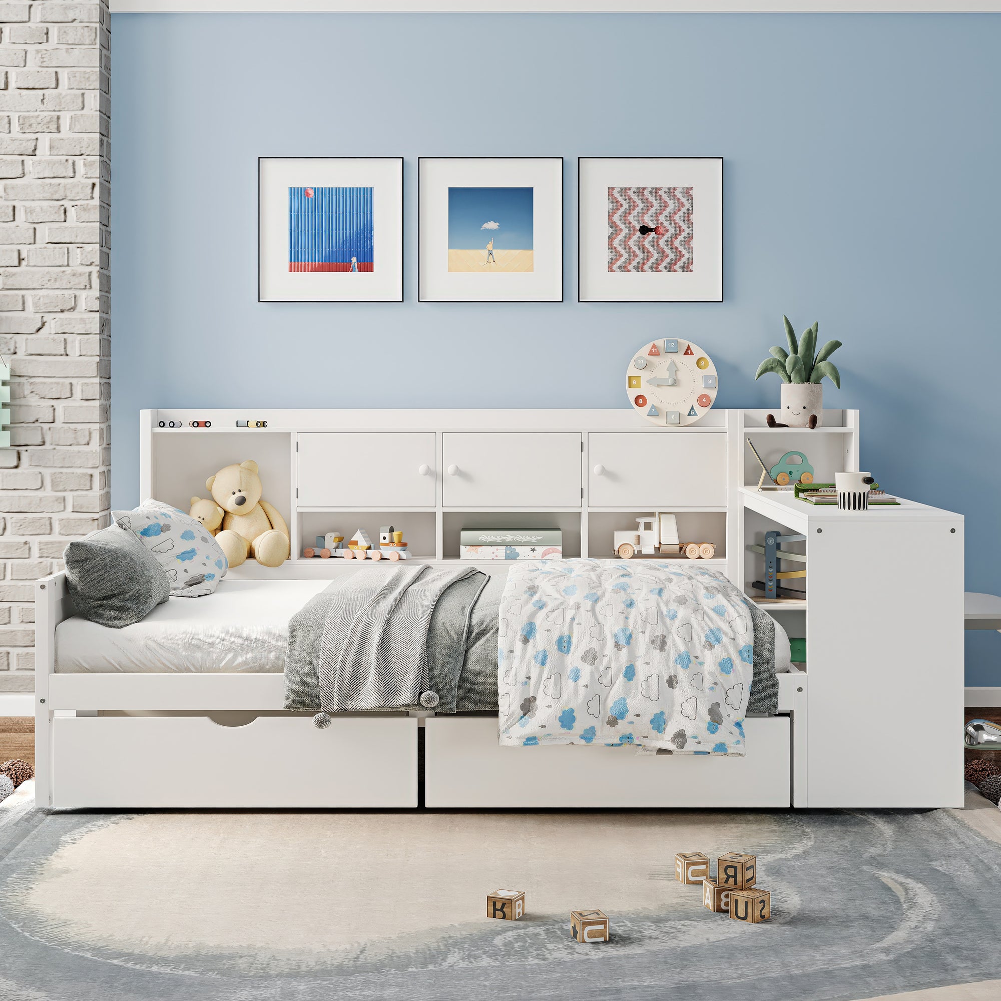 White Wooden L-Shape Daybed with Storage