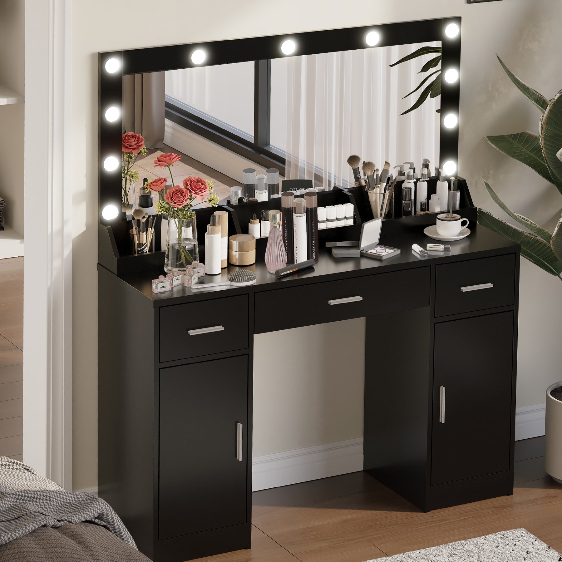 47" Vanity Desk w/ Mirror, Lights & Drawers (Black)-American Furniture Outlet