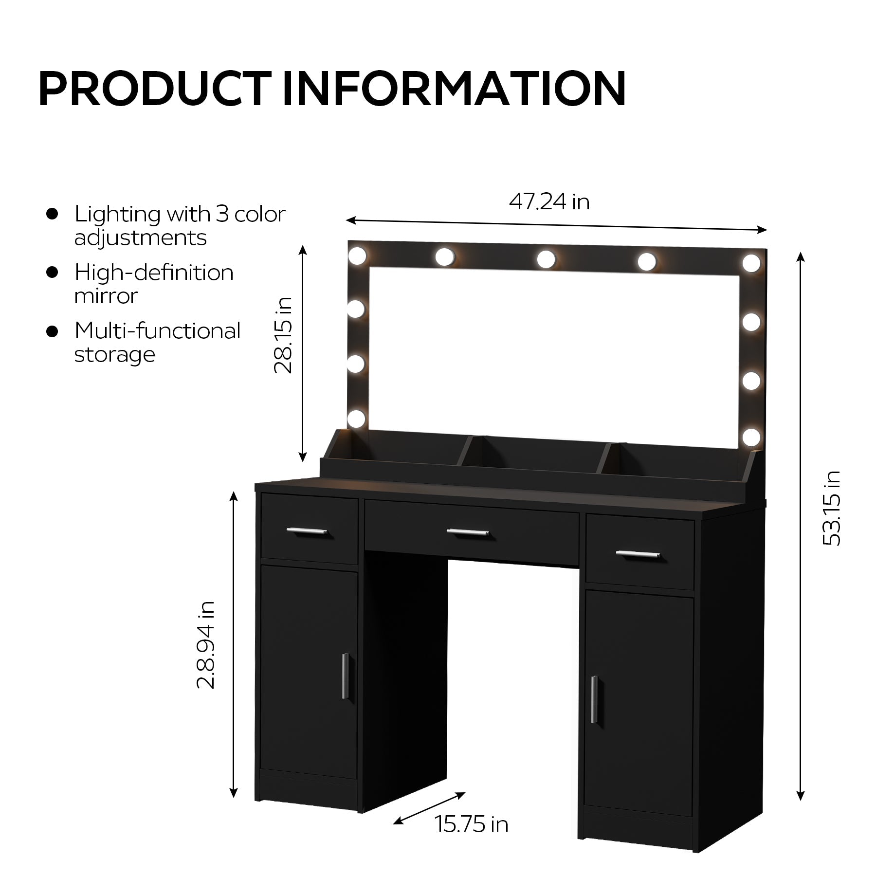 47" Vanity Desk w/ Mirror, Lights & Drawers (Black)-American Furniture Outlet