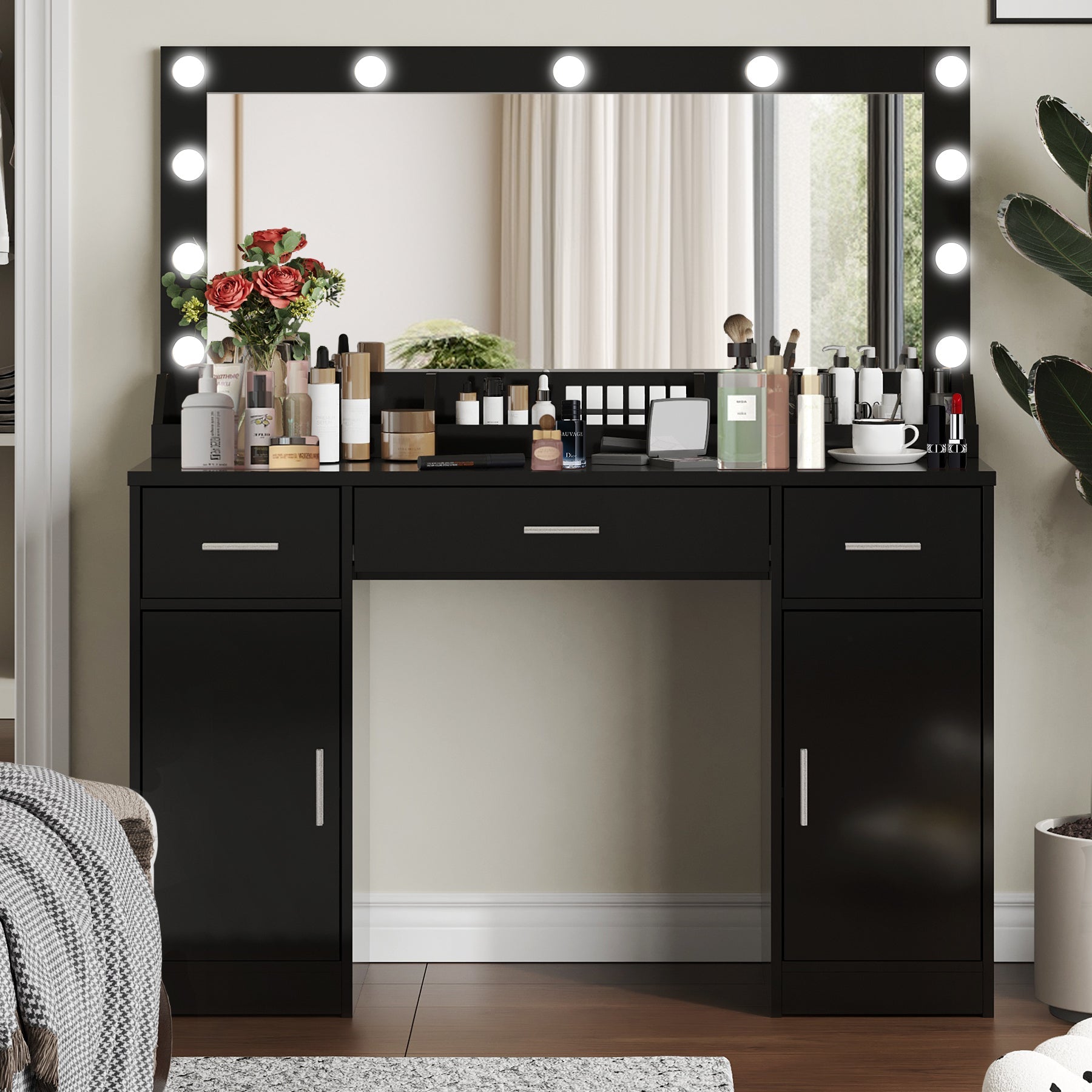 47" Vanity Desk w/ Mirror, Lights & Drawers (Black)-American Furniture Outlet