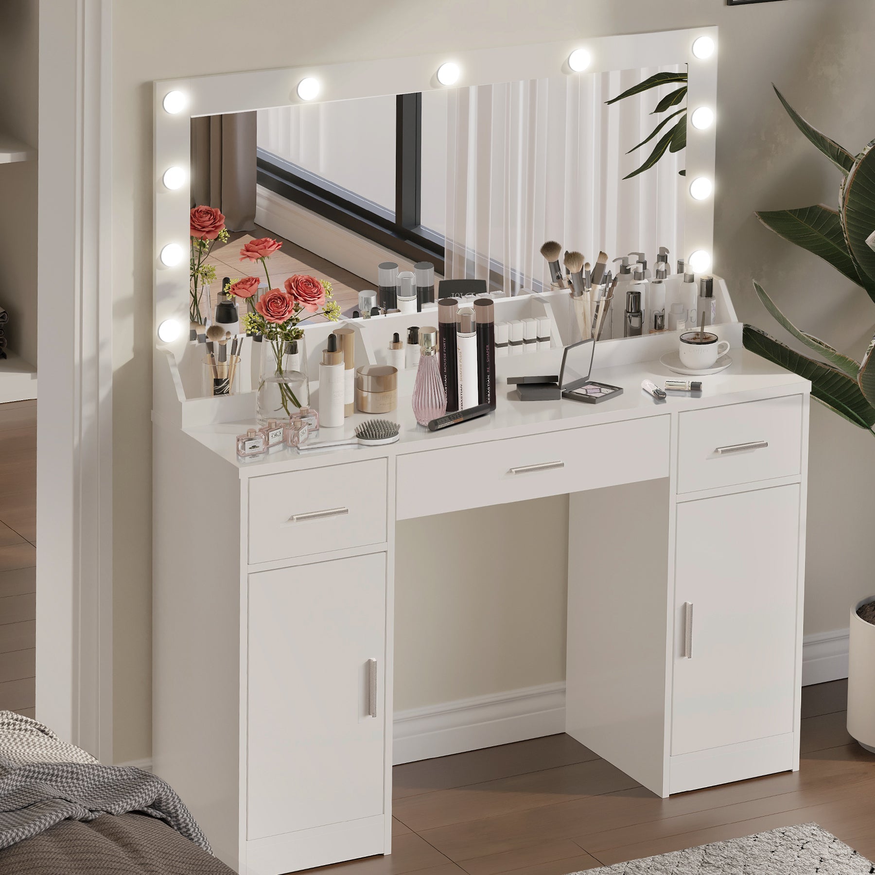 47" Vanity Desk w/ Mirror, Lights & Drawers (White)-American Furniture Outlet