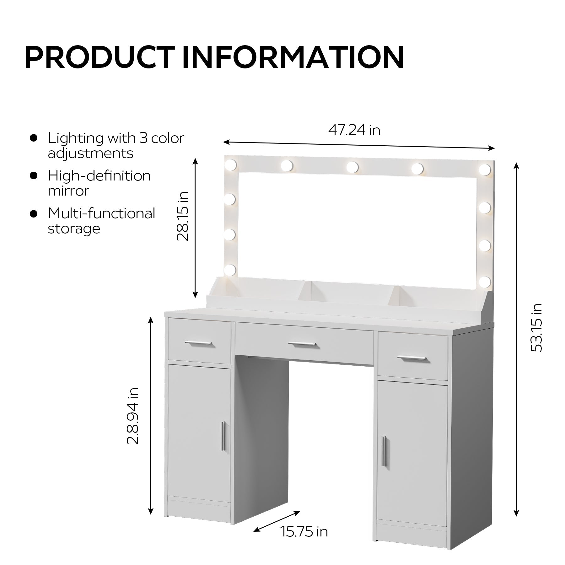 47" Vanity Desk w/ Mirror, Lights & Drawers (White)-American Furniture Outlet