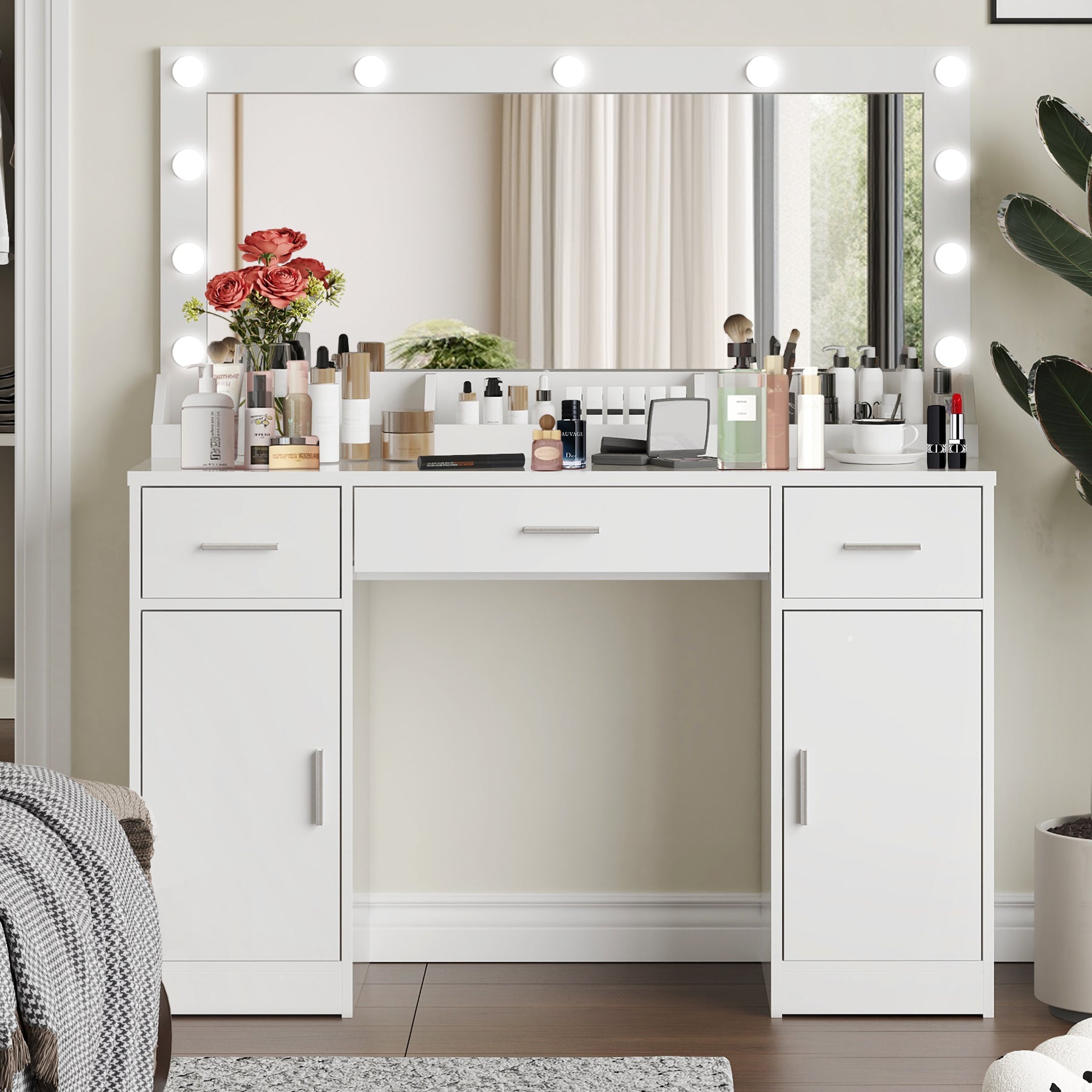 47" Vanity Desk w/ Mirror, Lights & Drawers (White)-American Furniture Outlet