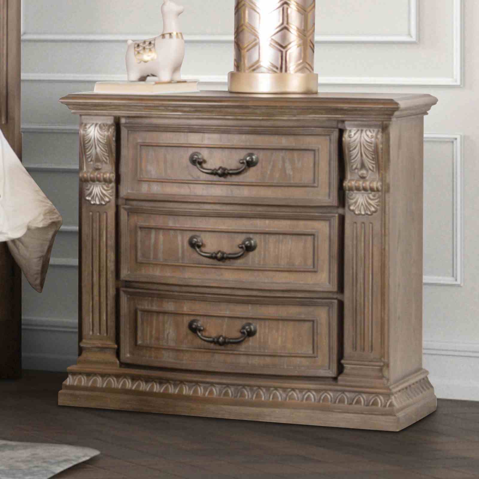 Weathered Oak Nightstand: Luxurious Traditional Solid Wood Bedside Table