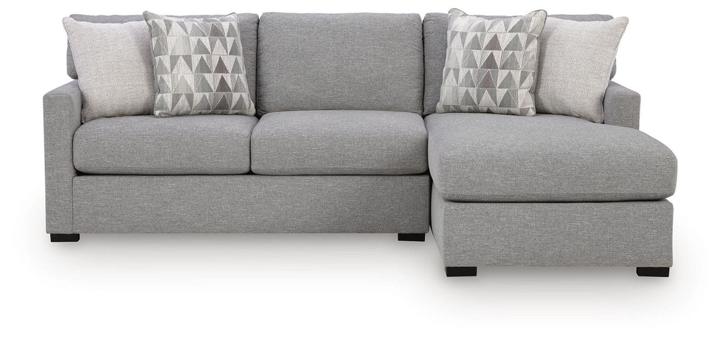 Gray right corner chaise sectional sofa with two patterned back throw pillows