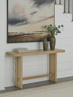 Light brown wood sofa table with open lower shelf