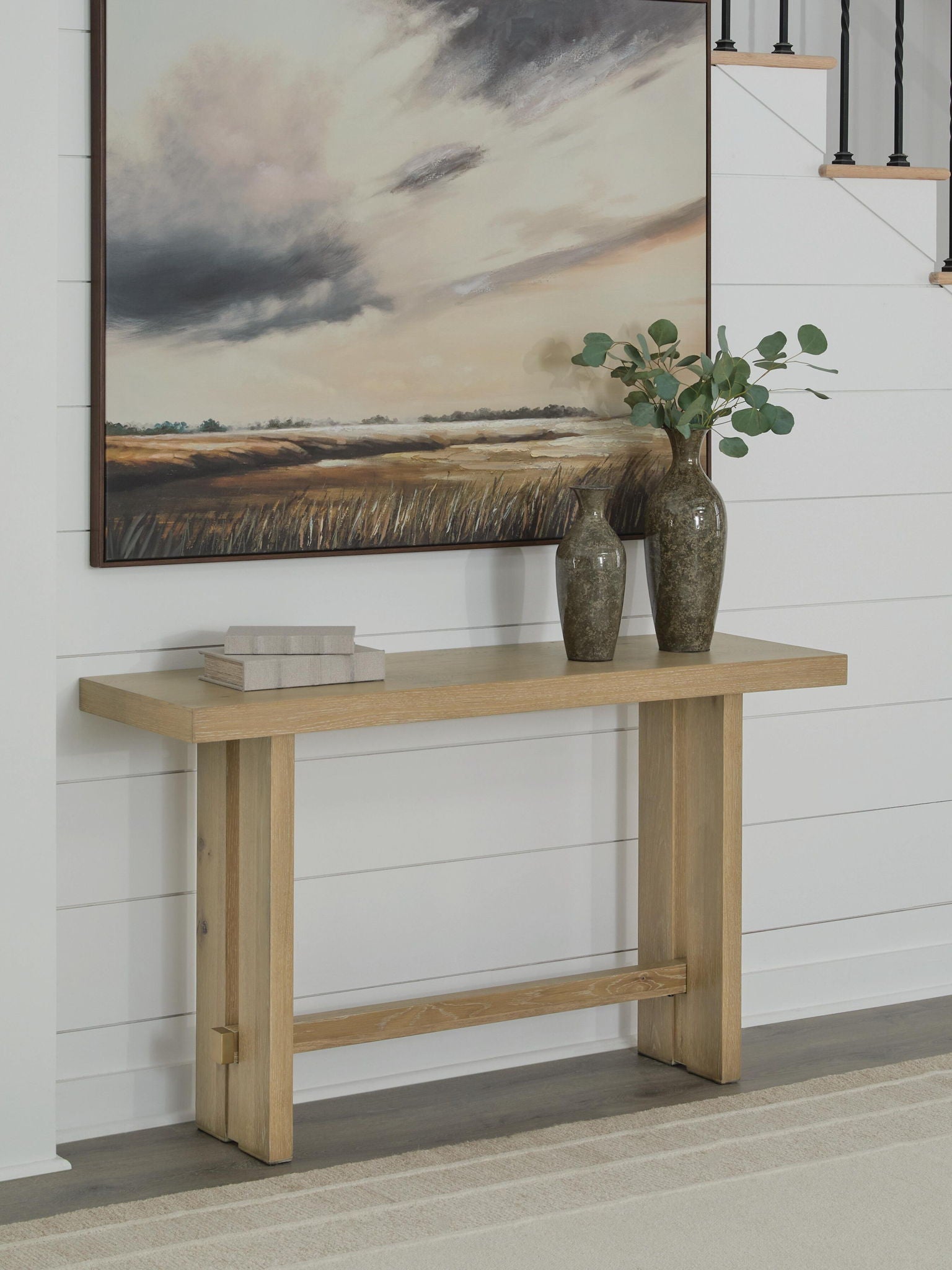 Light brown wood sofa table with open lower shelf