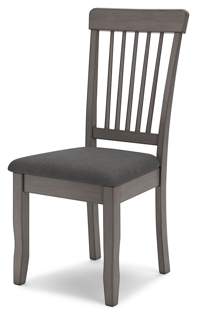 Gray dining room side chair with square padded seat and vertical slat back