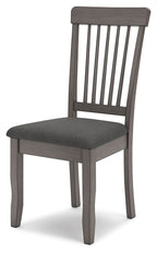 Gray dining room side chair with square padded seat and vertical slat back