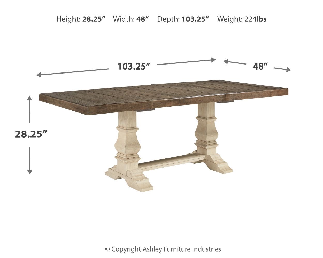 Rectangular dining table with brown tabletop and beige pedestal-style legs