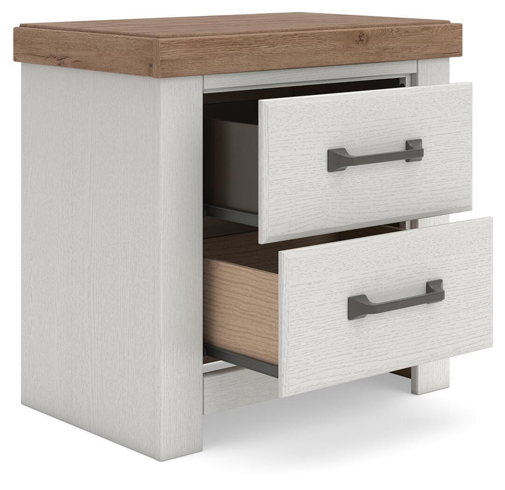 White two-drawer night stand with open storage and brown top, dark metal bar pulls.