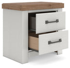 White two-drawer night stand with open storage and brown top, dark metal bar pulls.