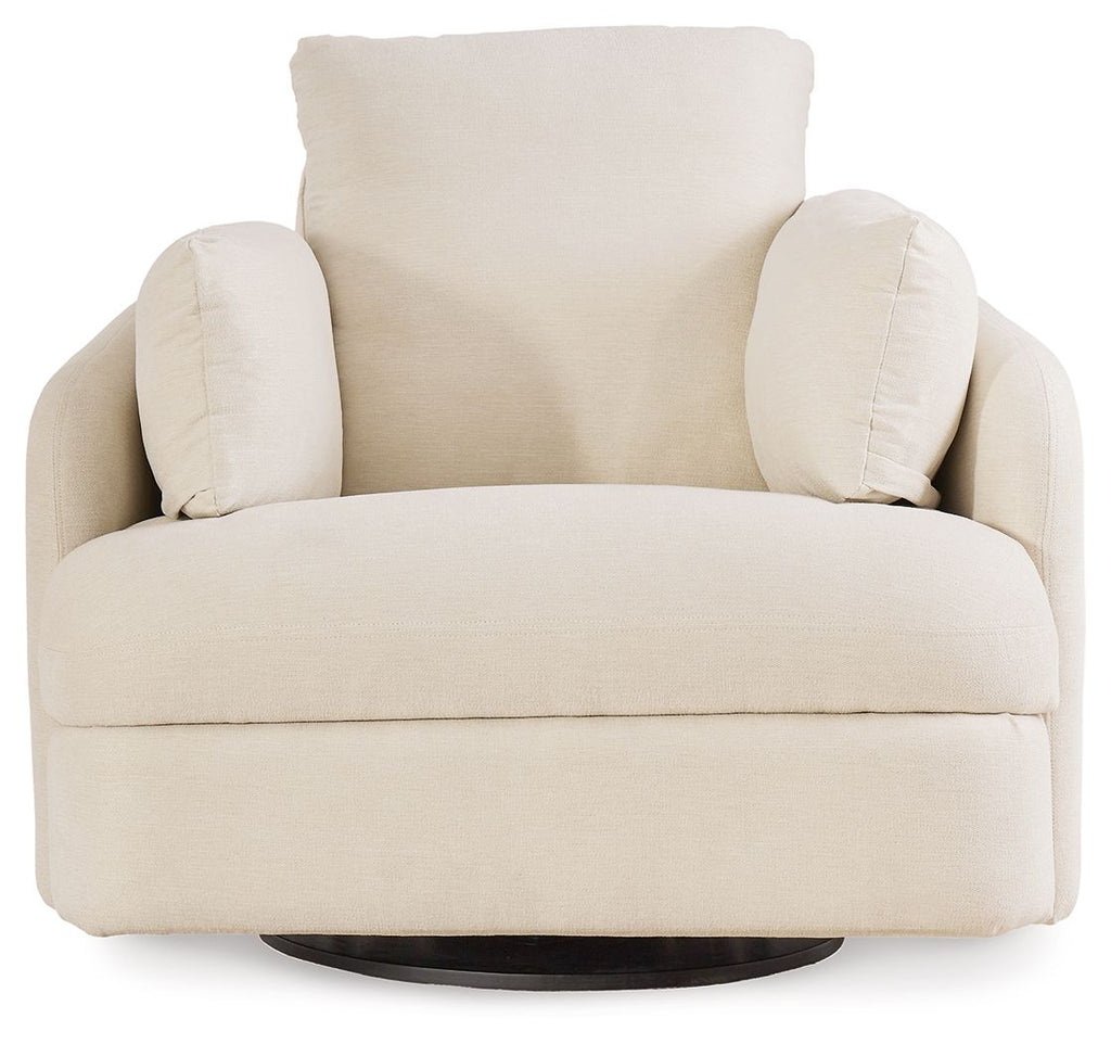Cream swivel glider recliner with tall back cushion and rounded track arms