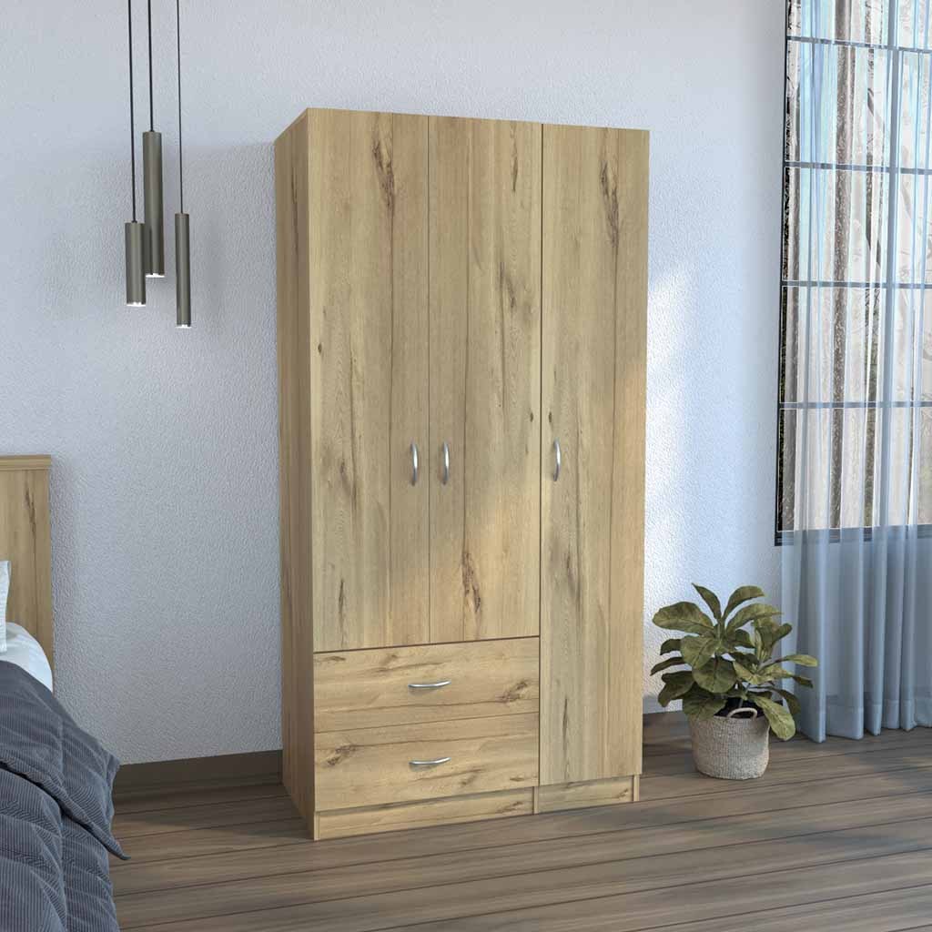 Austral 3-Door Armoire: Drawers, Shelves, Rod - Light Oak/Black
