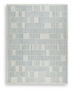 Light blue area rug with repeating grid pattern, flat woven surface