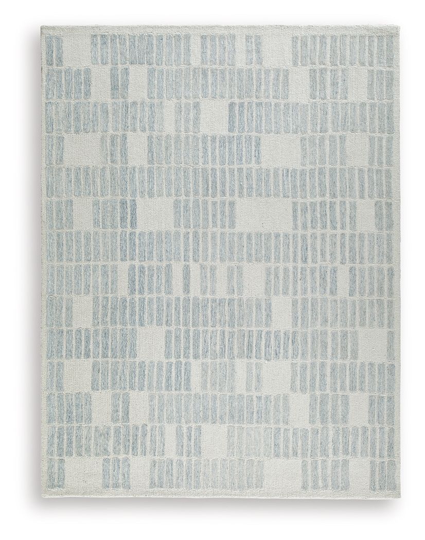 Light blue area rug with repeating grid pattern, flat woven surface